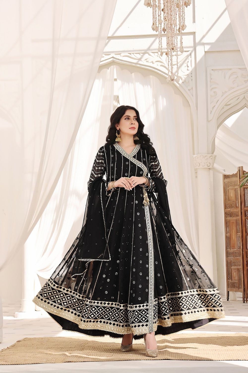 Black Embroidered Chiffon Angrakha Maxi Online in Dubai UAE Abudhabi Ajman Sharjah