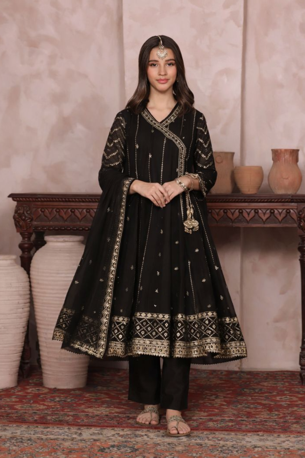 Black Embroidered Chiffon Angrakha Partywear Suit Online in Dubai UAE Abudhabi Ajman Sharjah