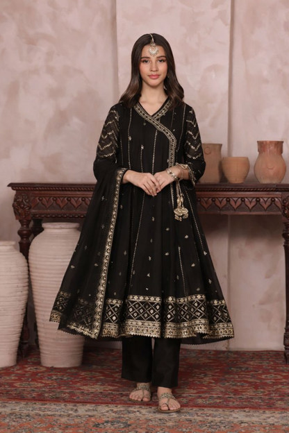 Black Embroidered Chiffon Angrakha Partywear Suit Online in Dubai UAE Abudhabi Ajman Sharjah
