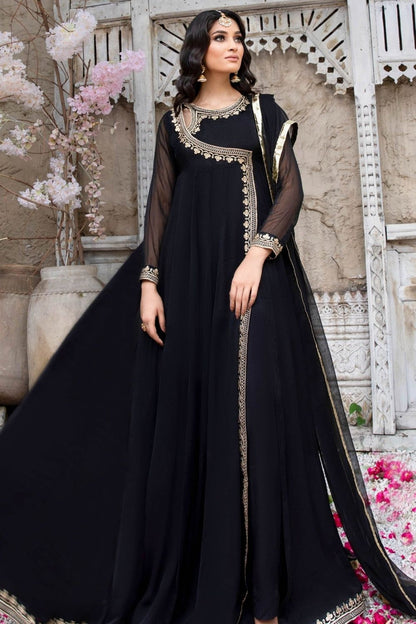 Black Embroidered Chiffon Angrakha Pishwas Gharara Online in Dubai UAE Abudhabi Ajman Sharjah
