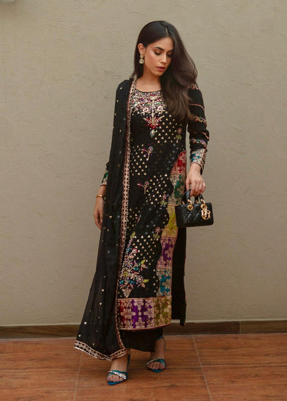 Black Embroidered Chiffon Dress Material Online in Dubai UAE Abudhabi Ajman Sharjah