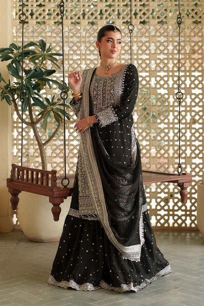 Black Embroidered Chiffon Farshi Gharara Online in Dubai UAE Abudhabi Ajman Sharjah