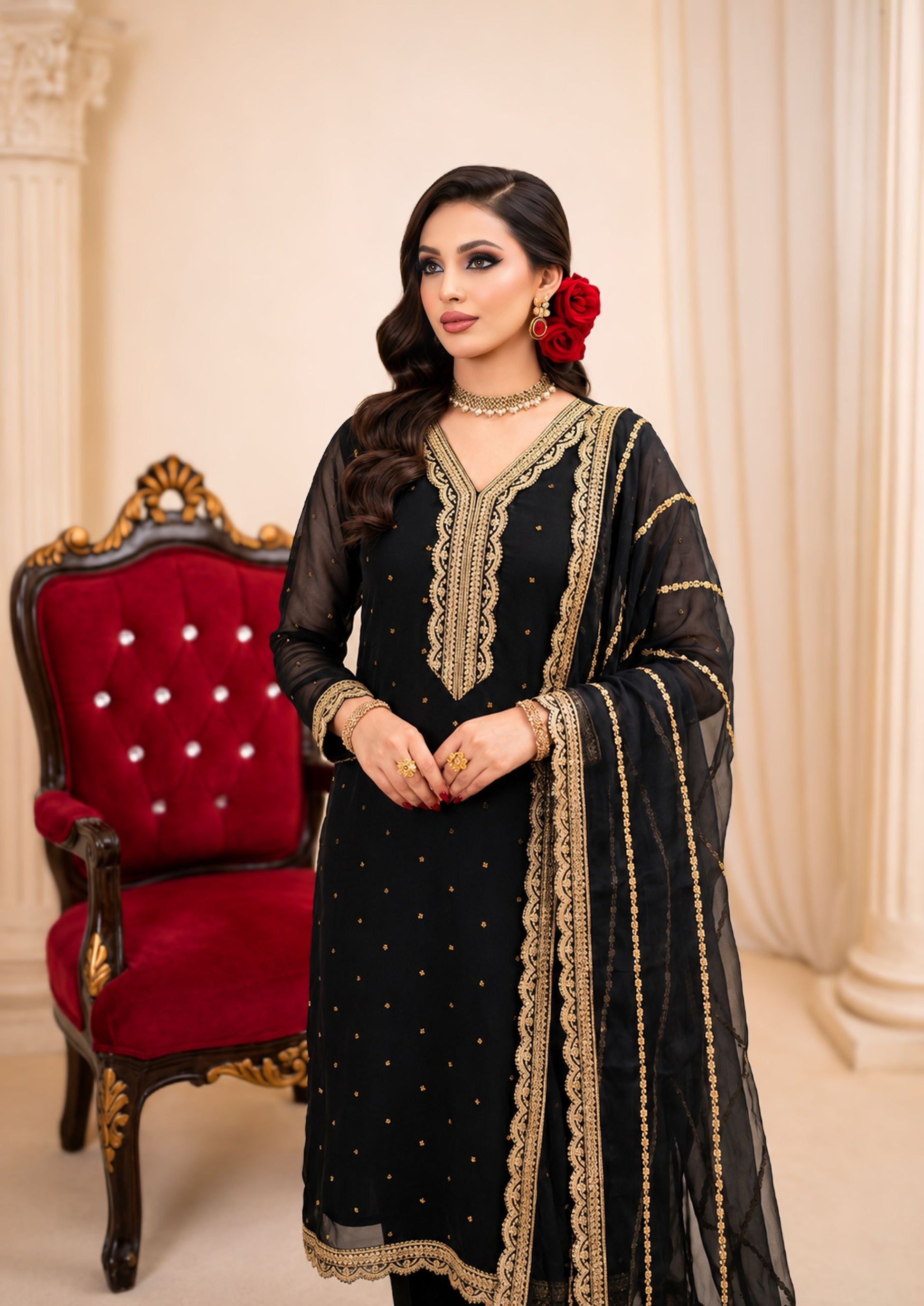 Black Embroidered Chiffon Festive Suit Online in Dubai DXB UAE Abudhabi Meena Bazaar