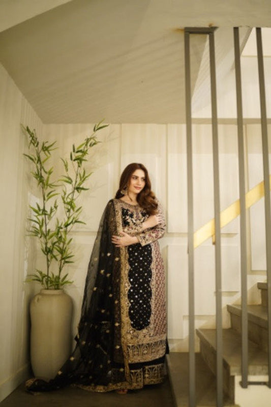 Black Embroidered Chiffon Festive Suit Online in Dubai UAE Abudhabi Ajman Sharjah