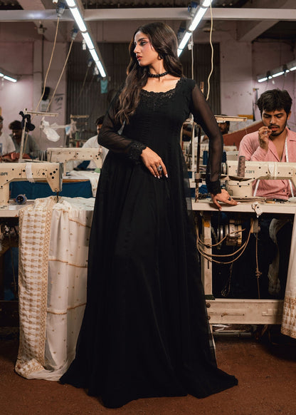 Black Embroidered Chiffon Festive Suit Online in Dubai UAE Abudhabi Ajman Sharjah