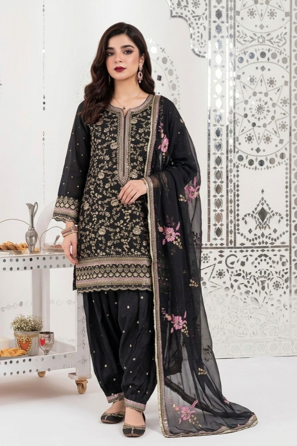 Black Embroidered Chiffon Festive Suit Online in Dubai UAE Abudhabi Ajman Sharjah