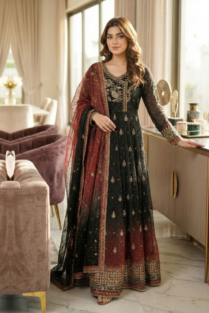 Black Embroidered Chiffon Festive Wear Suit Online in Dubai UAE Abudhabi Ajman Sharjah