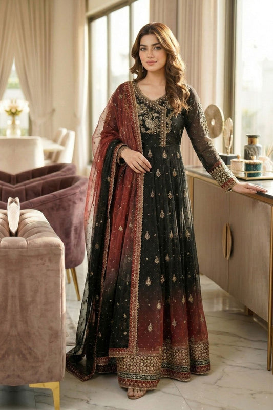 Black Embroidered Chiffon Festive Wear Suit Online in Dubai UAE Abudhabi Ajman Sharjah