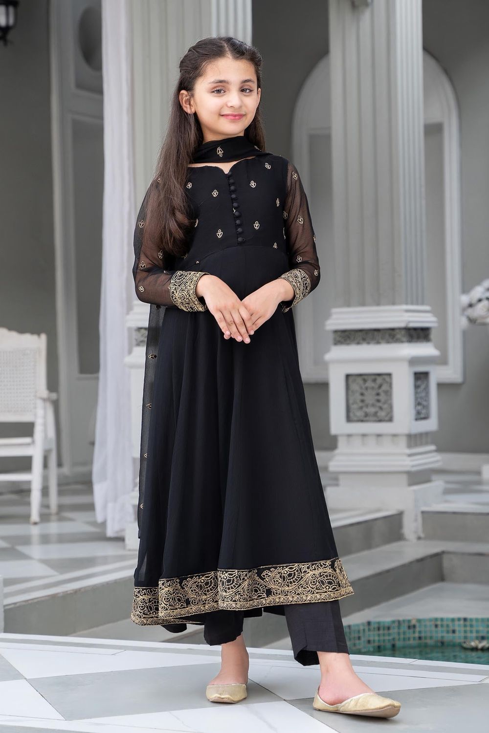 Black Embroidered Chiffon Flared Pishwas Suit Online in Dubai UAE Abudhabi Ajman Sharjah