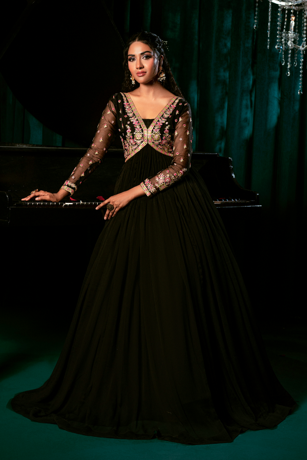 Black Embroidered Chiffon Flared Pishwas Suit Online in Dubai UAE Abudhabi Ajman Sharjah