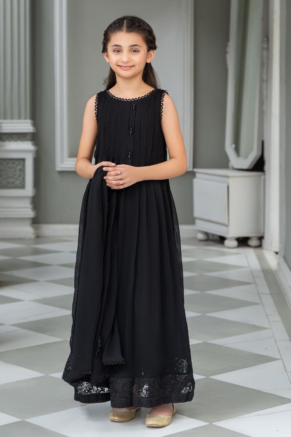 Black Embroidered Chiffon Flared Pishwas Suit Online in Dubai UAE Abudhabi Ajman Sharjah