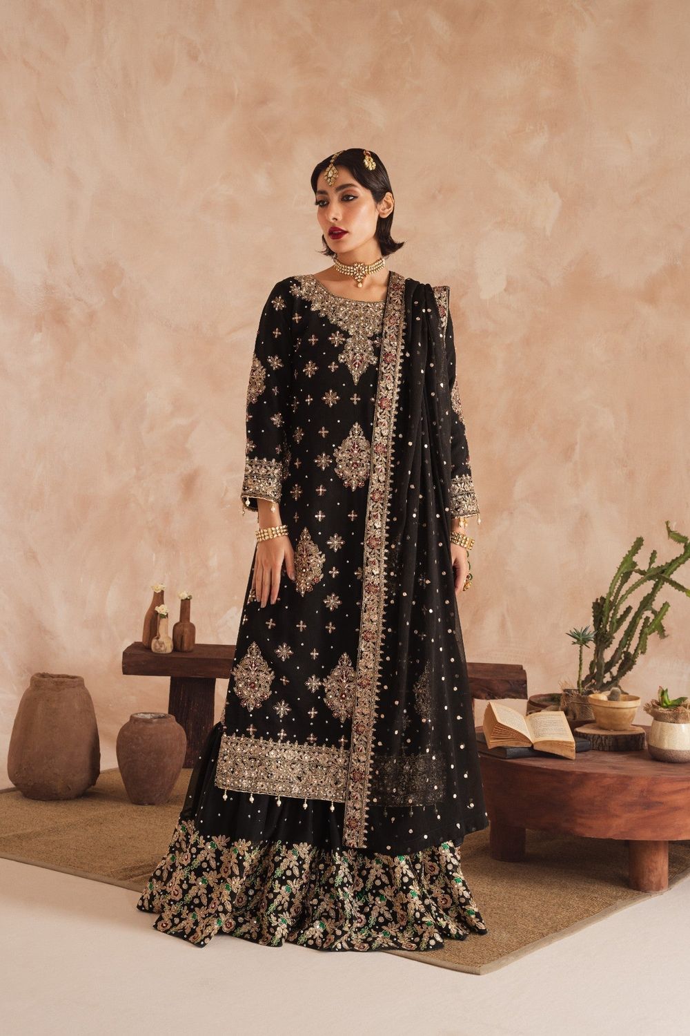 Black Embroidered Chiffon Gharara Wedding Guest Wear Online in Dubai UAE Abudhabi Ajman Sharjah