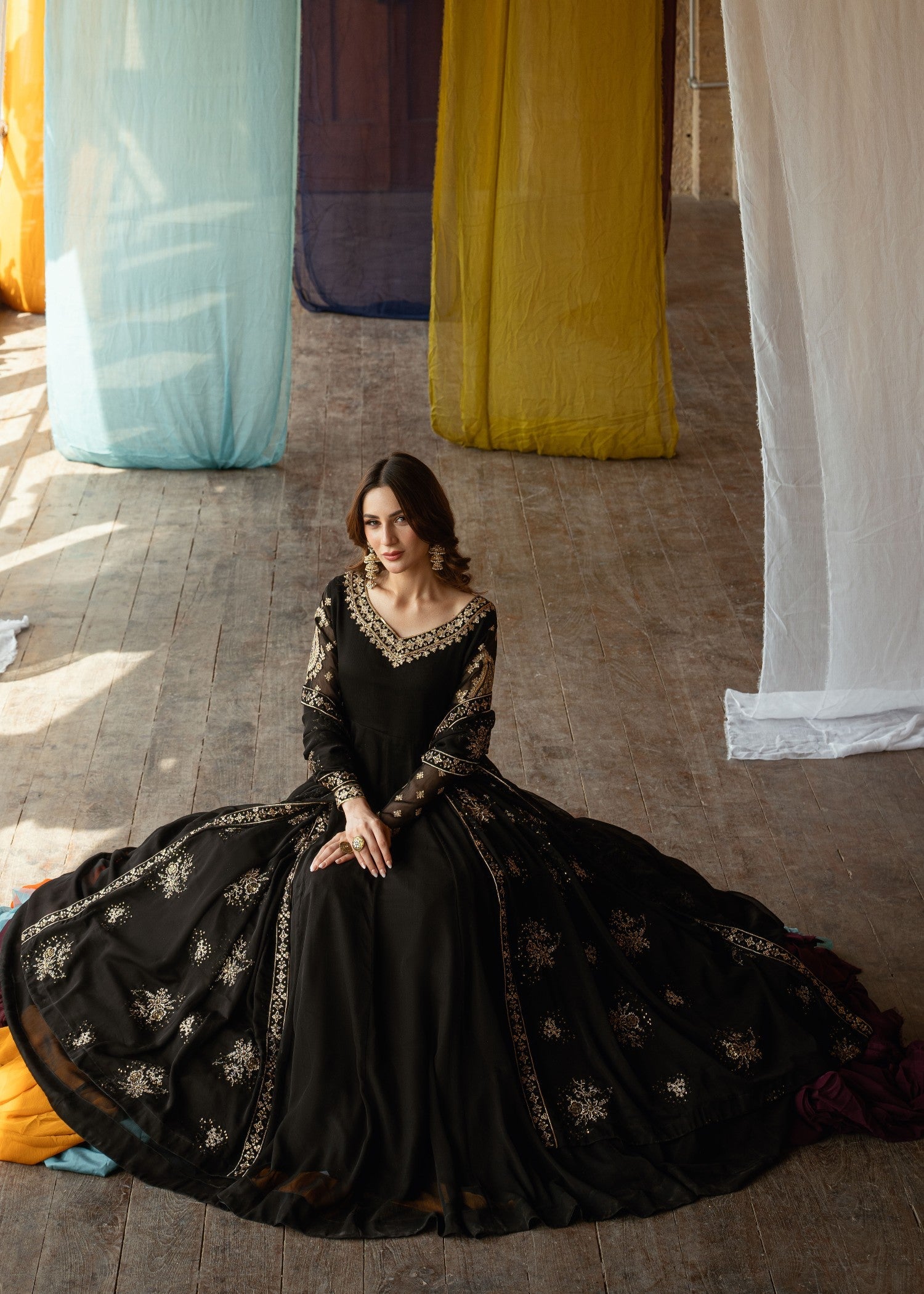 Black Embroidered Chiffon Ladies Partywear Suit Online in UK USA Canada