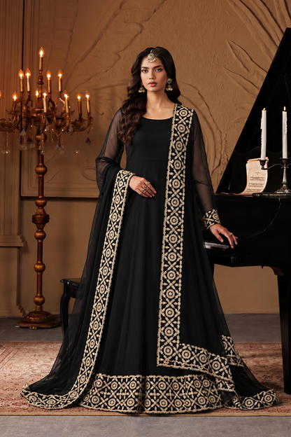 Black Embroidered Chiffon Maxi Suit Online in Dubai UAE Abudhabi Ajman Sharjah