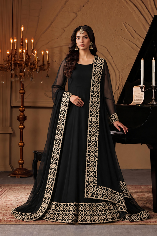 Black Embroidered Chiffon Maxi Suit Online in Dubai UAE Abudhabi Ajman Sharjah