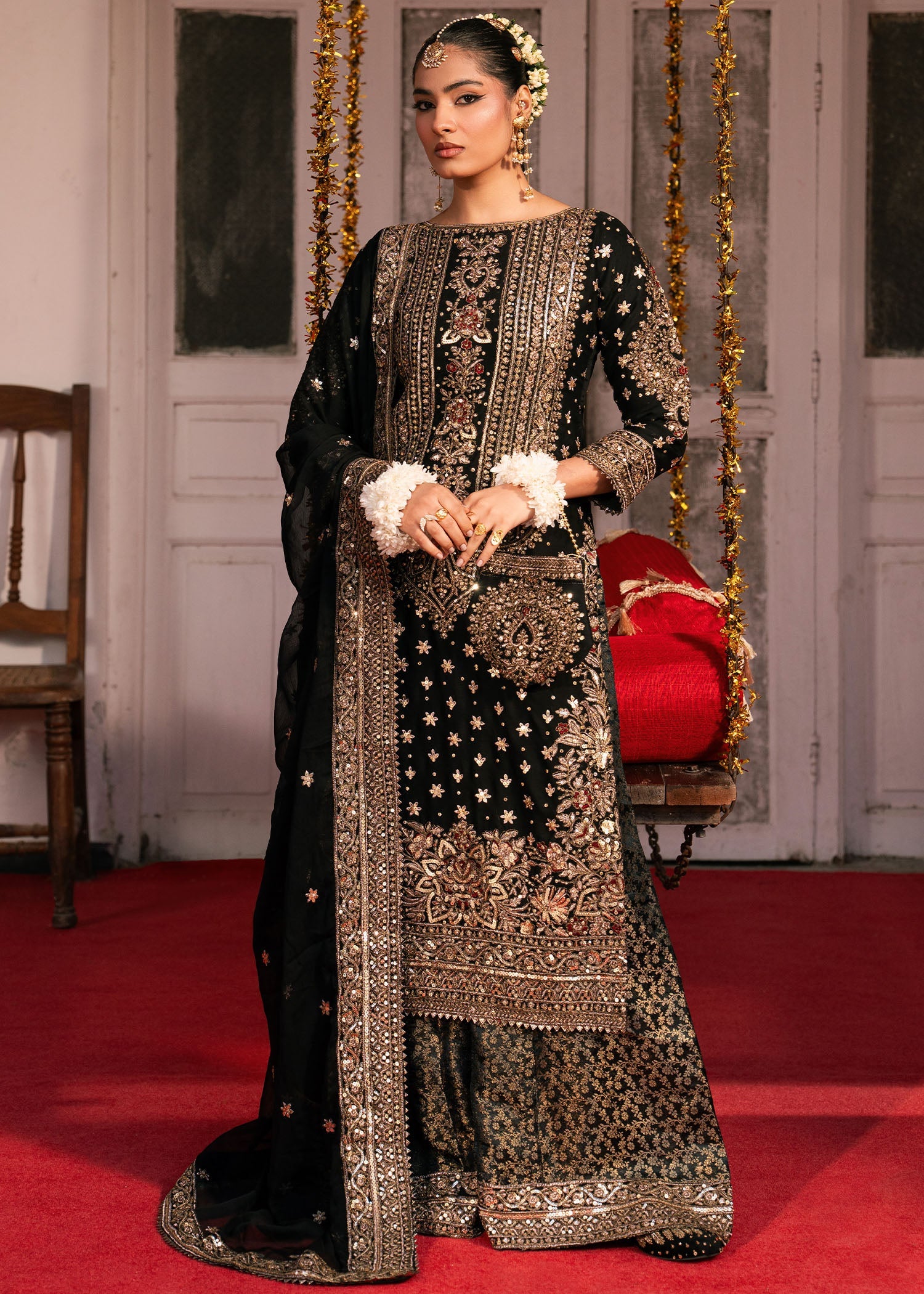 Black Embroidered Chiffon Pakistani Suit Online in Dubai DXB UAE Abudhabi Meena Bazaar