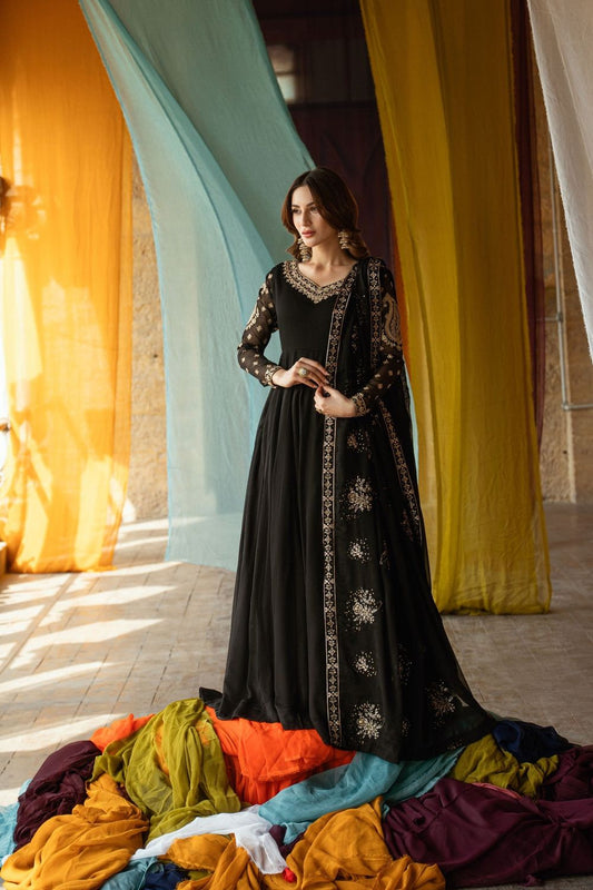 Black Embroidered Chiffon Partywear Maxi Suit Online in Dubai UAE Abudhabi Ajman Sharjah