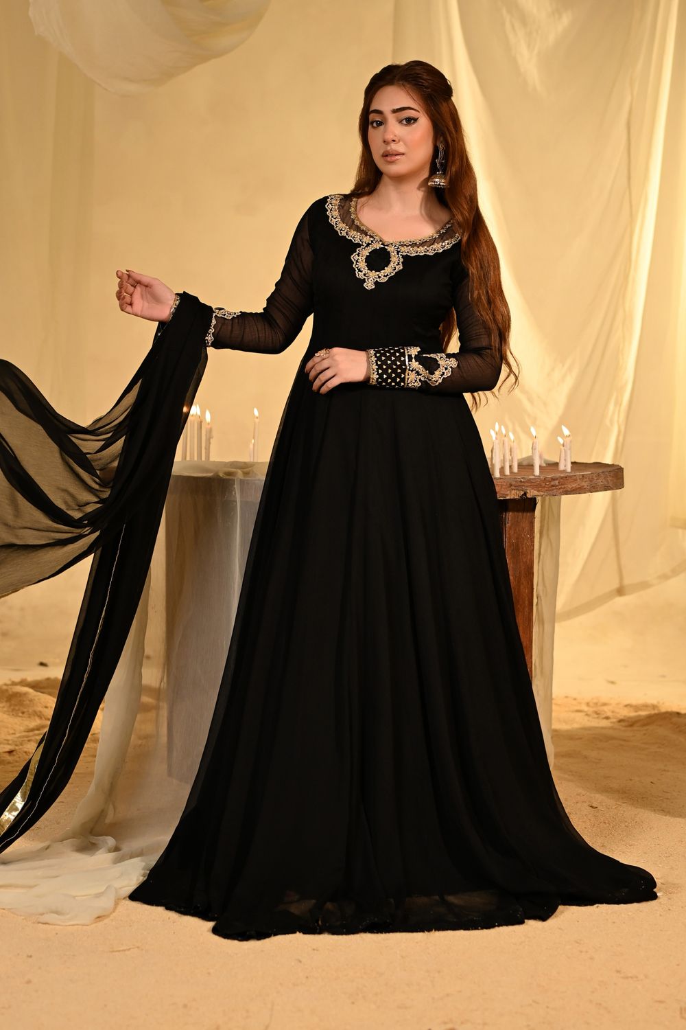 Black Embroidered Chiffon Partywear Pishwas Online in Dubai UAE Abudhabi Ajman Sharjah