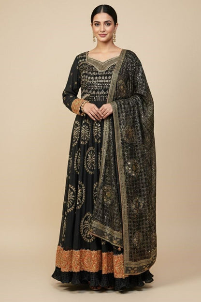 Black Embroidered Chiffon Partywear Suit Online in Dubai UAE Abudhabi Ajman Sharjah