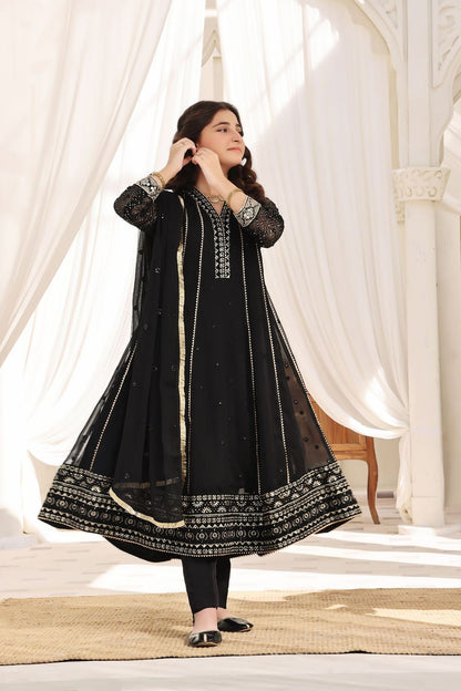 Black Embroidered Chiffon Partywear Suit Online in Dubai UAE Abudhabi Ajman Sharjah