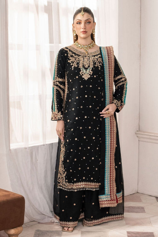 Black Embroidered Chiffon Partywear Suit Online in Dubai UAE Abudhabi Ajman Sharjah