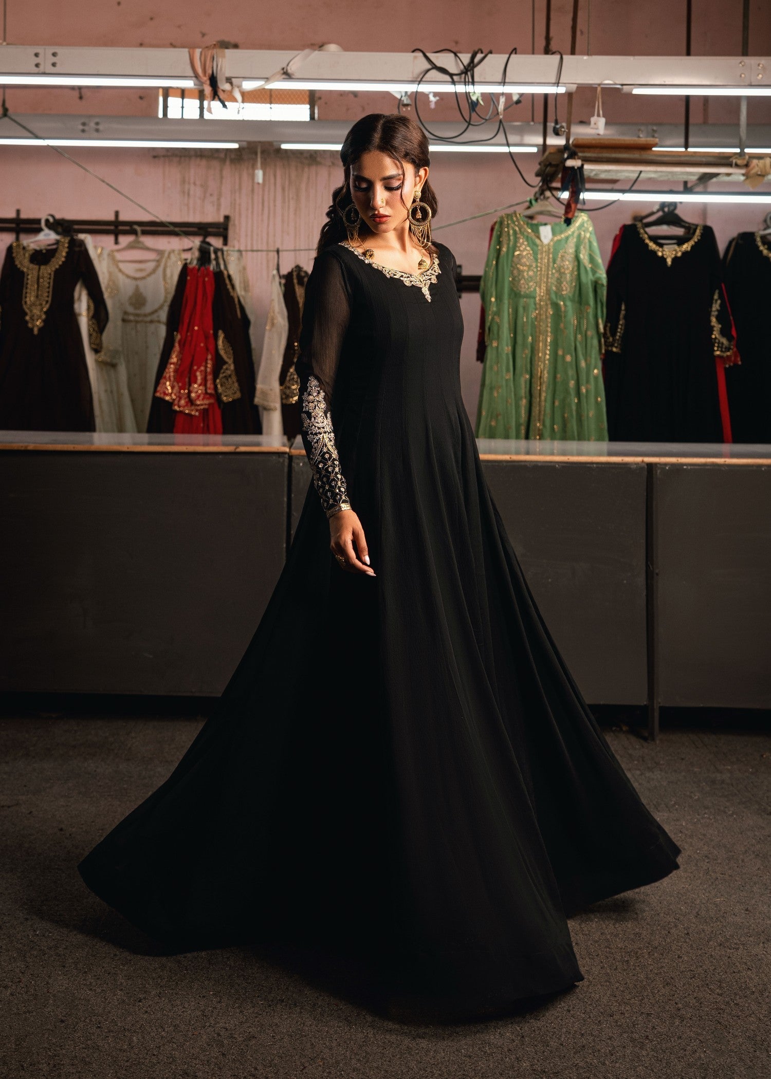Black Embroidered Chiffon Partywear Suit Online in Dubai UAE Abudhabi Ajman Sharjah