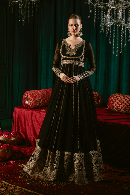 Black Embroidered Chiffon Pishwas Kurta Set Online in Dubai UAE Abudhabi Ajman Sharjah