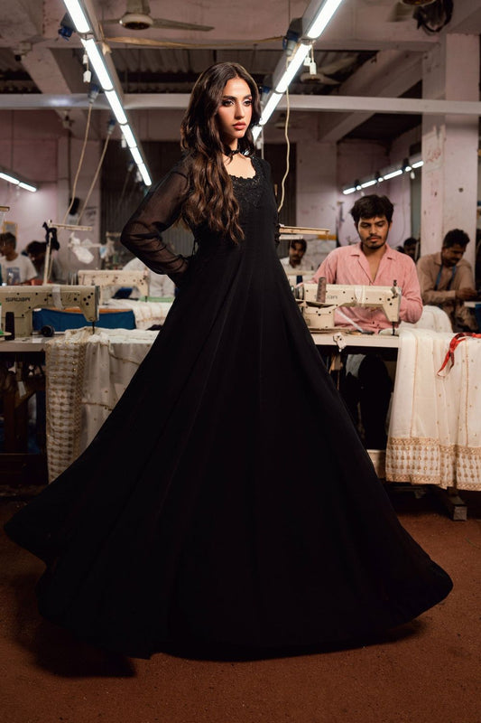 Black Embroidered Chiffon Pishwas Partywear Suit Online in Dubai UAE Abudhabi Ajman Sharjah