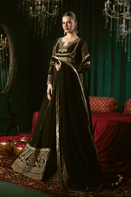 Black Embroidered Chiffon Pishwas Partywear Suit Online in Dubai UAE Abudhabi Ajman Sharjah