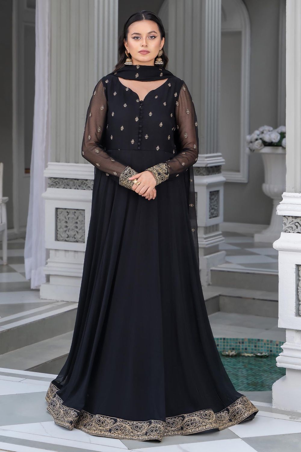 Black Embroidered Chiffon Pishwas Salwar Kameez Online in Dubai UAE Abudhabi Ajman Sharjah