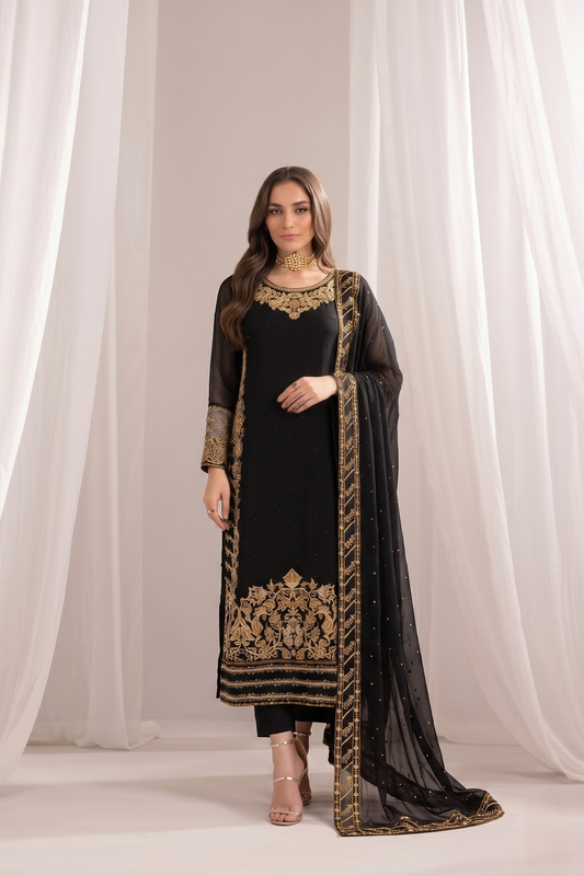 Black Embroidered Chiffon Salwar Kameez Online in Dubai UAE Abudhabi Ajman Sharjah