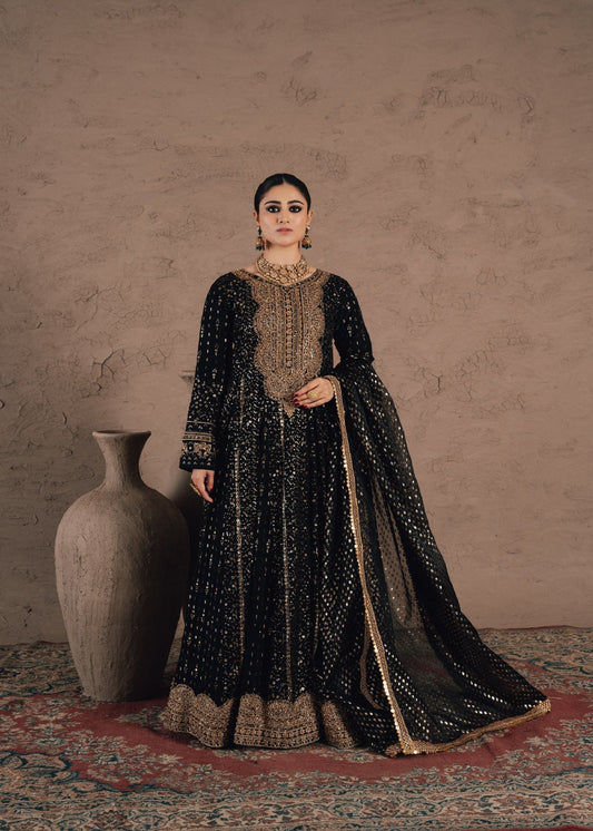Black Embroidered Chiffon Salwar Kameez Online in KSA Riyadh Saudi Arabia Oman Bahrain Qatar