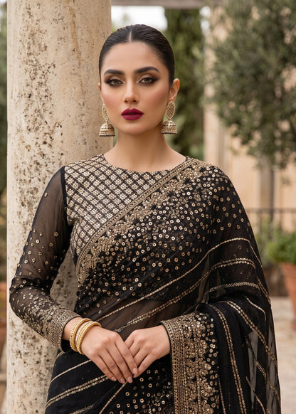 Black Embroidered Chiffon Saree for Women Online in KSA Riyadh Saudi Arabia Oman Bahrain Qatar