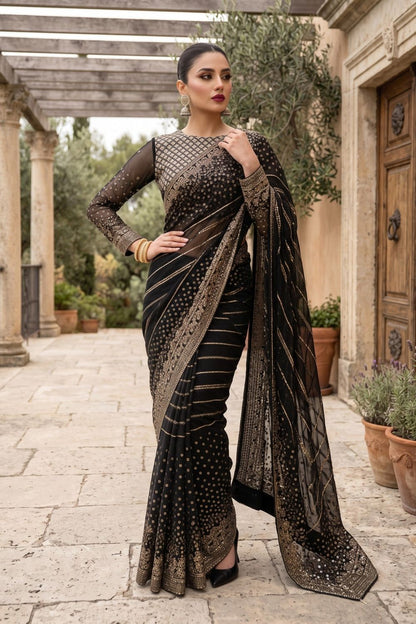 Black Embroidered Chiffon Saree Online in Dubai UAE Abudhabi Ajman Sharjah