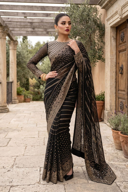 Black Embroidered Chiffon Saree Online in Dubai UAE Abudhabi Ajman Sharjah