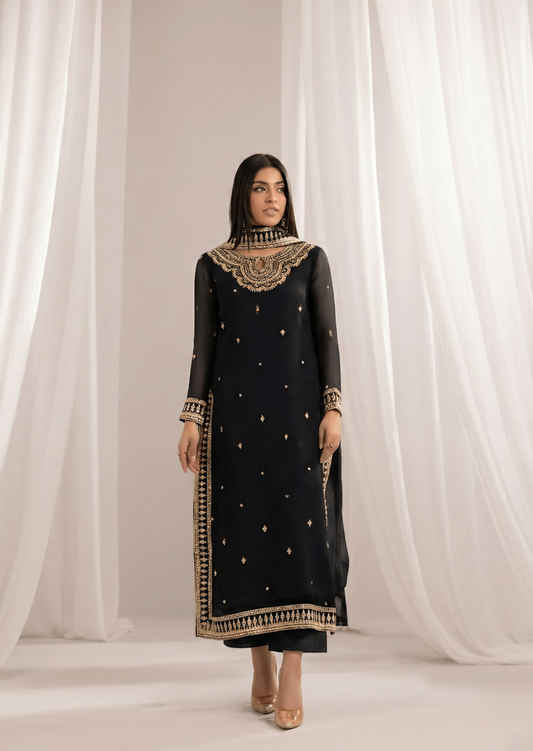 Black Embroidered Chiffon Straight Trouser Suit Online in Dubai DXB UAE Abudhabi Meena Bazaar