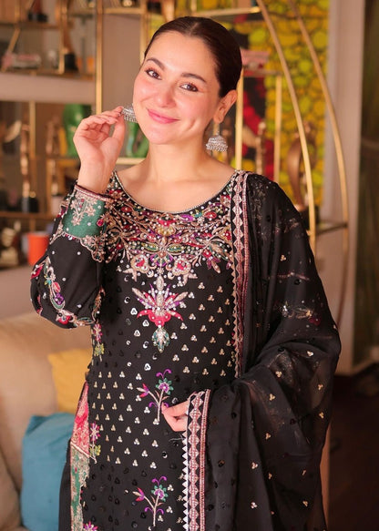 Black Embroidered Chiffon Three Piece Suit Online in Dubai UAE Abudhabi Ajman Sharjah