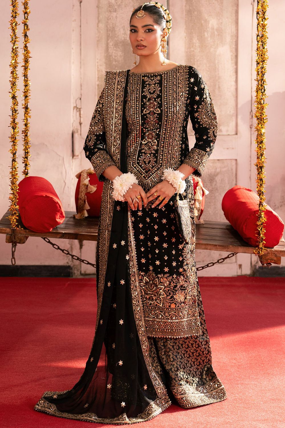 Black Embroidered Chiffon Wedding Guest Suit Online in Dubai UAE Abudhabi Ajman Sharjah