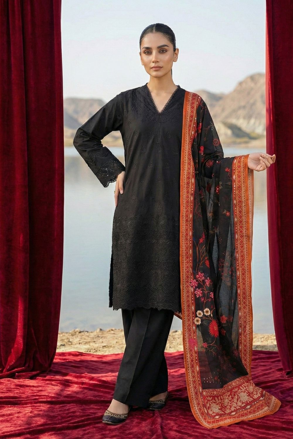 Black Embroidered Chikankari Cotton Partywear Suit Online in Dubai UAE Abudhabi Ajman Sharjah