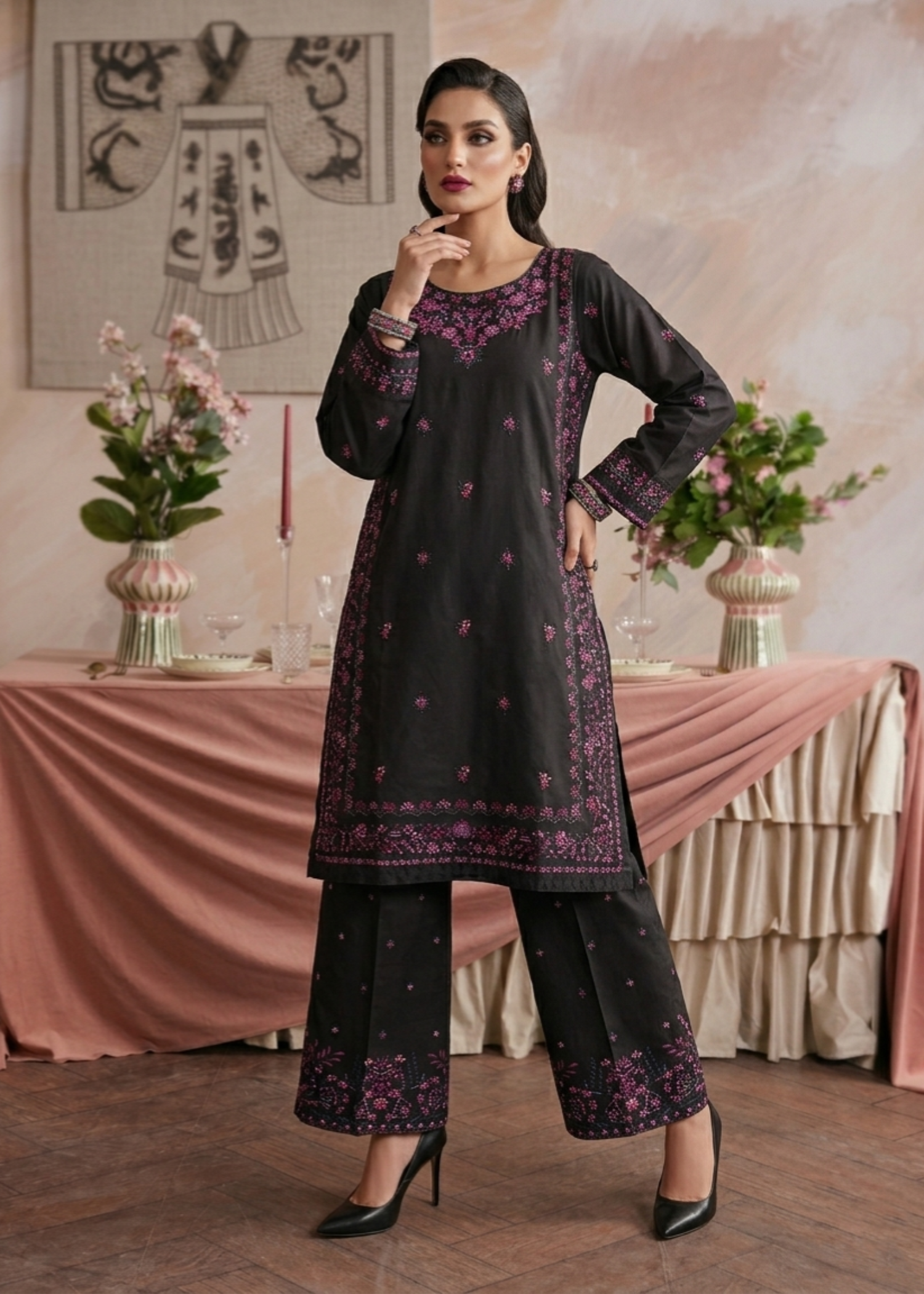 Black Embroidered Cotton 3 Piece Suit Online in KSA Riyadh Saudi Arabia Oman Bahrain Qatar