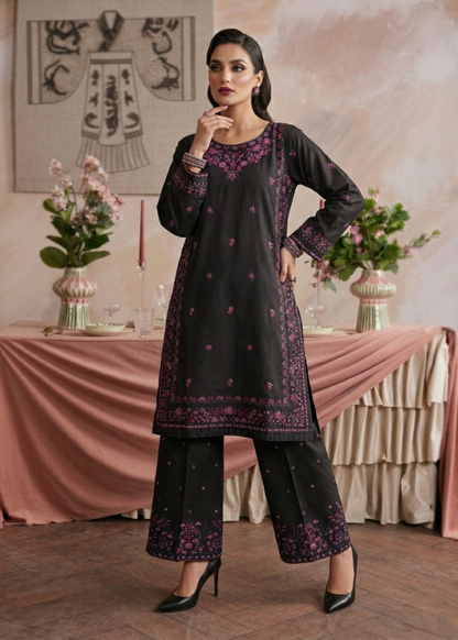 Black Embroidered Cotton 3 Piece Suit Online in KSA Riyadh Saudi Arabia Oman Bahrain Qatar