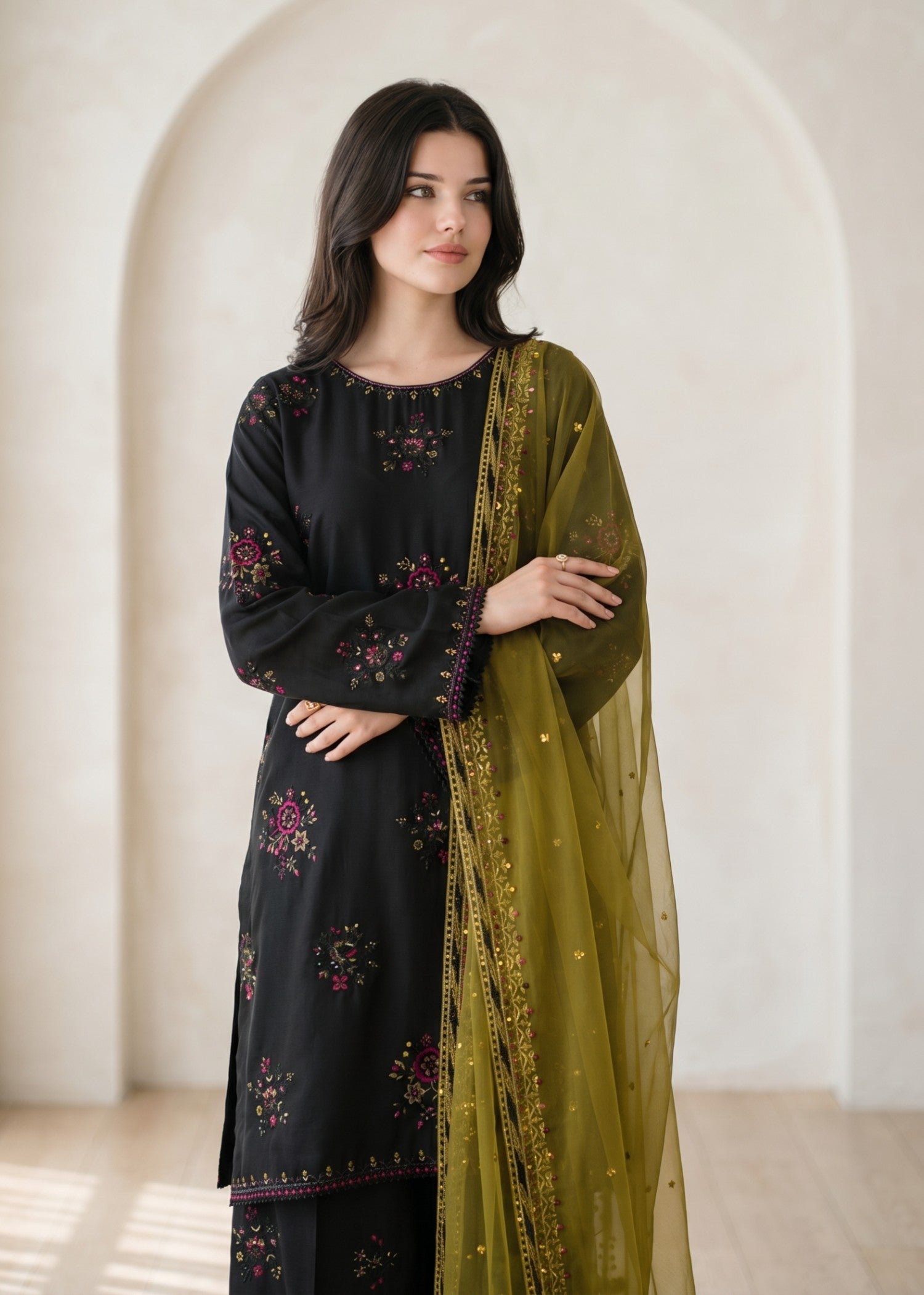 Black Embroidered Cotton Daily Wear Suit Online in Dubai DXB UAE Abudhabi Meena Bazaar