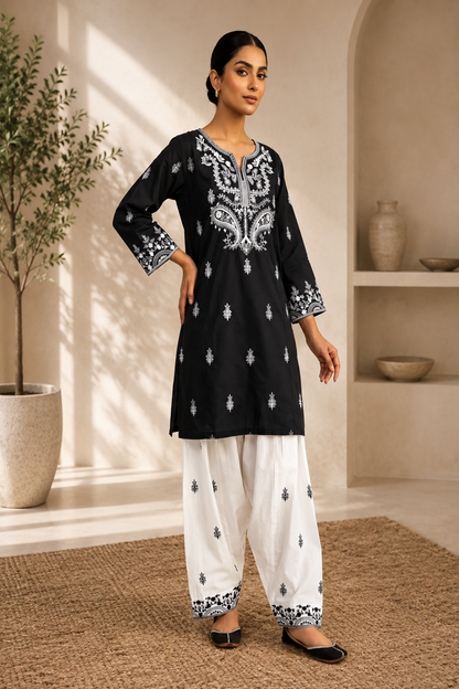 Black Embroidered Cotton Farshi Shalwar Suit Online in Dubai UAE Abudhabi Ajman Sharjah
