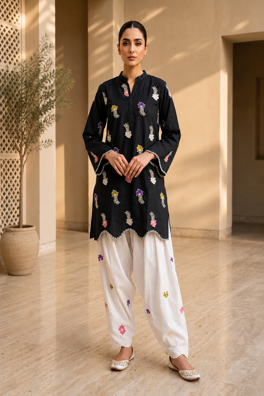 Black Embroidered Cotton Farshi Shalwar Suit Online in Dubai UAE Abudhabi Ajman Sharjah