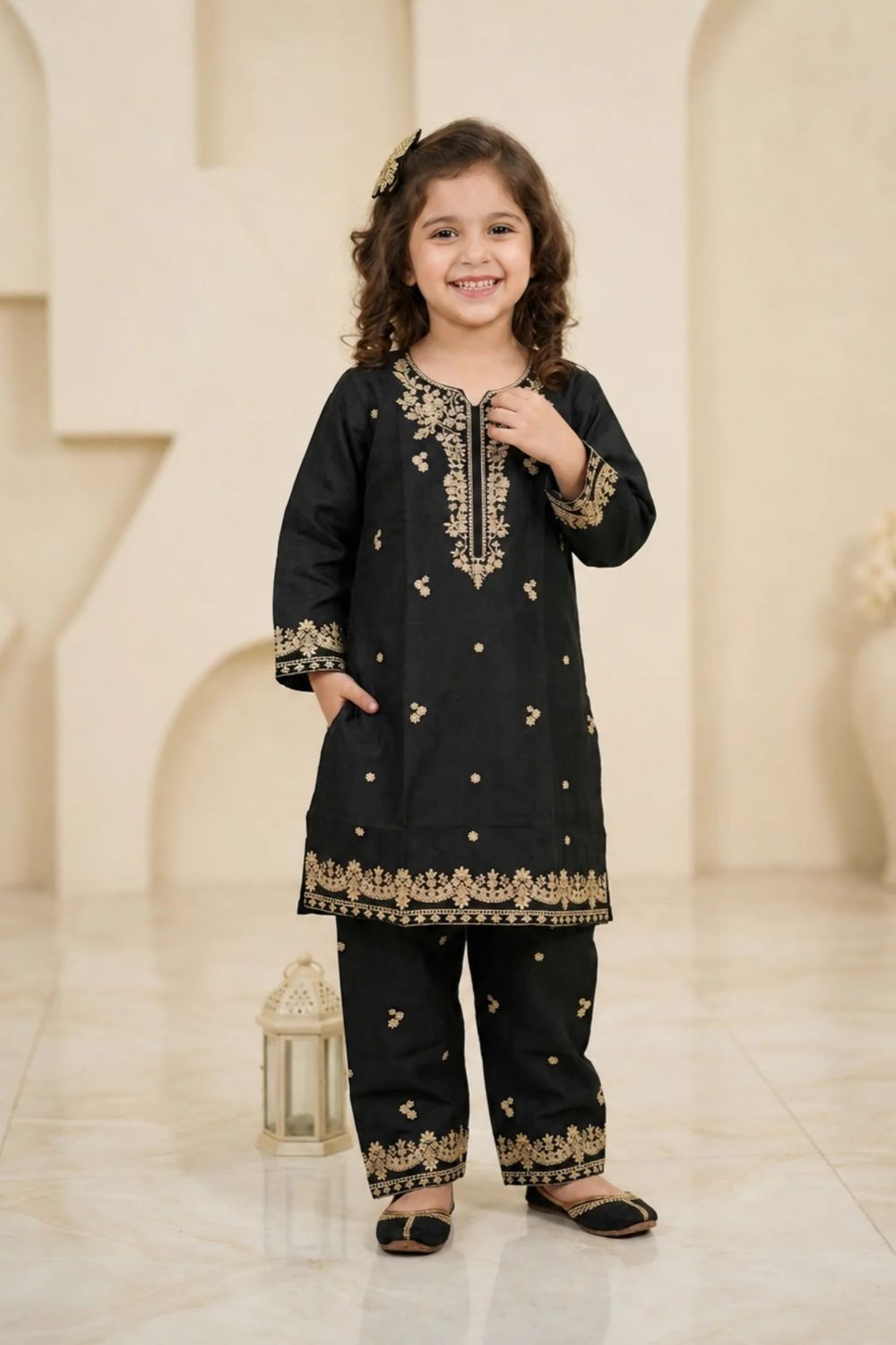 Black Embroidered Cotton Girls Kurta Set Online in Dubai UAE Abudhabi Ajman Sharjah