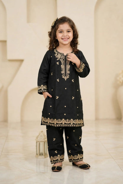 Black Embroidered Cotton Girls Kurta Set Online in Dubai UAE Abudhabi Ajman Sharjah