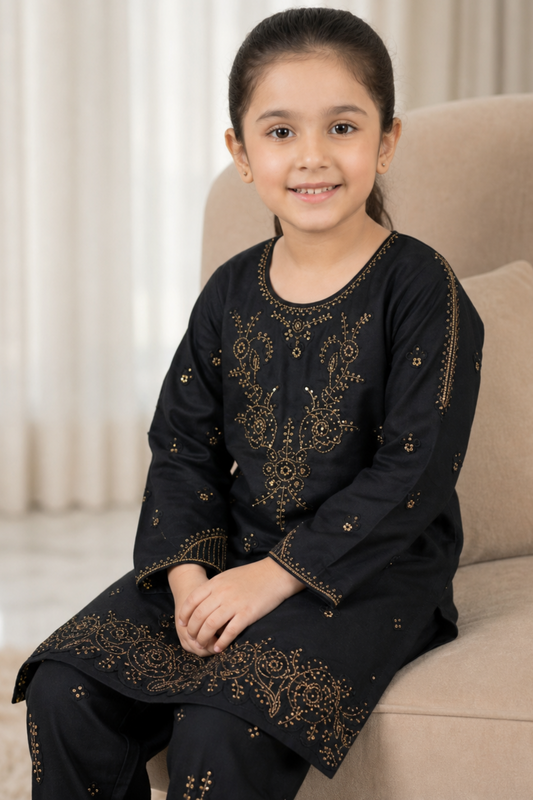 Black Embroidered Cotton Girls Kurta Set Online in Dubai UAE Abudhabi Ajman Sharjah
