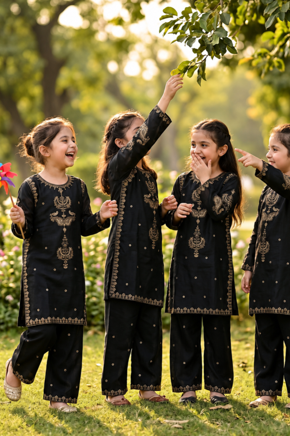 Black Embroidered Cotton Girls Kurta Set Online in Dubai UAE Abudhabi Ajman Sharjah
