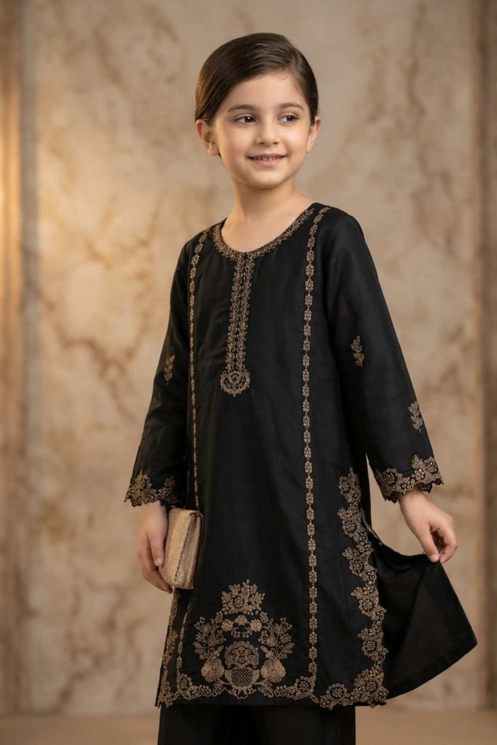 Black Embroidered Cotton Girls Kurta Set Online in Dubai UAE Abudhabi Ajman Sharjah