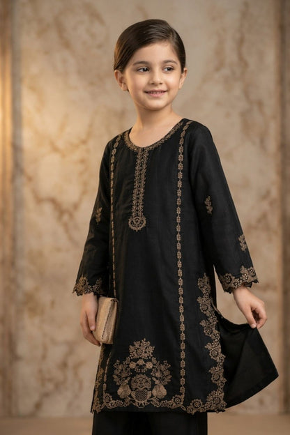 Black Embroidered Cotton Girls Kurta Set Online in Dubai UAE Abudhabi Ajman Sharjah